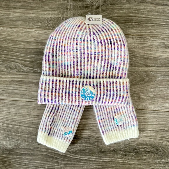 Girls Mantra Beanie & Fingerless Gloves Set | Multi Color | NWT - Picture 1 of 4